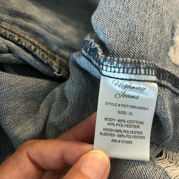 Highway Jeans Distressed Denim Jacket with Black Hood and Sleeves Distressed - Picture 9 of 10